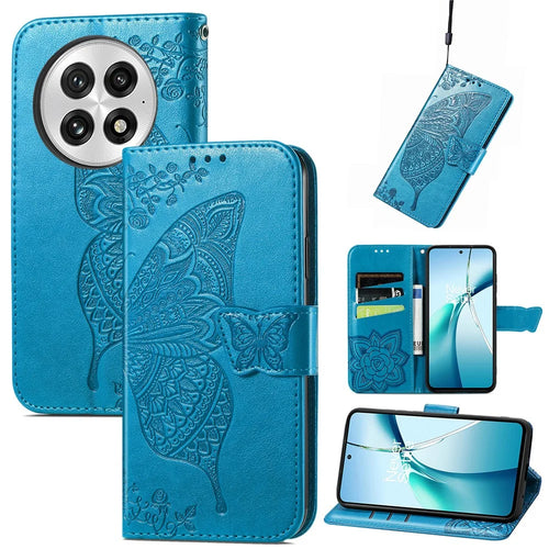 For OnePlus 13 Case with Strap Butterfly Pattern PU Leather Wallet Phone Cover - Blue - 1