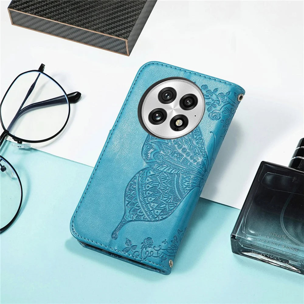 For OnePlus 13 Case with Strap Butterfly Pattern PU Leather Wallet Phone Cover - Blue - 6