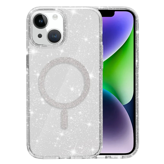 For iPhone 15 Plus / 14 Plus Phone Case Compatible with MagSafe Glitter PC + TPU Hybrid Shockproof Cover - White - 1
