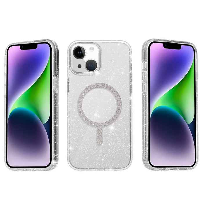 For iPhone 15 Plus / 14 Plus Phone Case Compatible with MagSafe Glitter PC + TPU Hybrid Shockproof Cover - White - 3