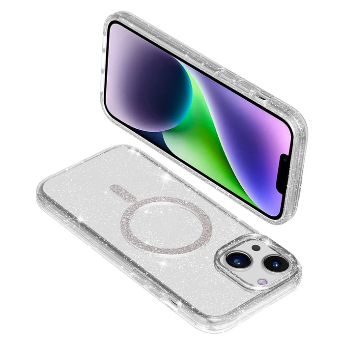 For iPhone 15 Plus / 14 Plus Phone Case Compatible with MagSafe Glitter PC + TPU Hybrid Shockproof Cover - White - 4