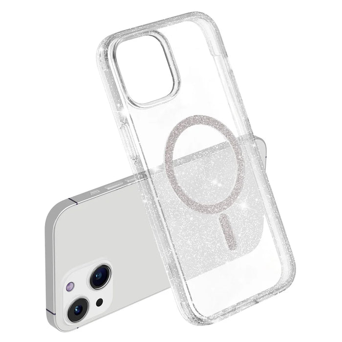 For iPhone 15 Plus / 14 Plus Phone Case Compatible with MagSafe Glitter PC + TPU Hybrid Shockproof Cover - White - 5