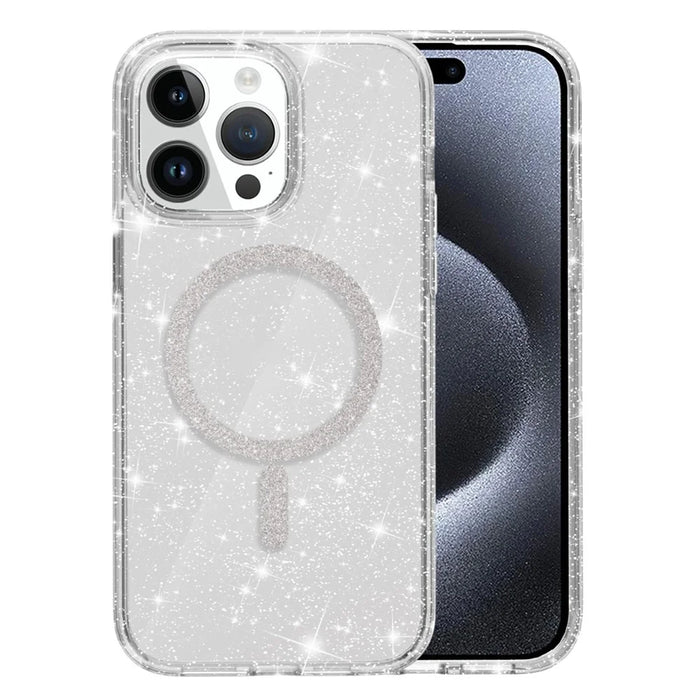For iPhone 15 Pro Max Phone Case Compatible with MagSafe Glitter PC + TPU Hybrid Shockproof Cover - White - 1