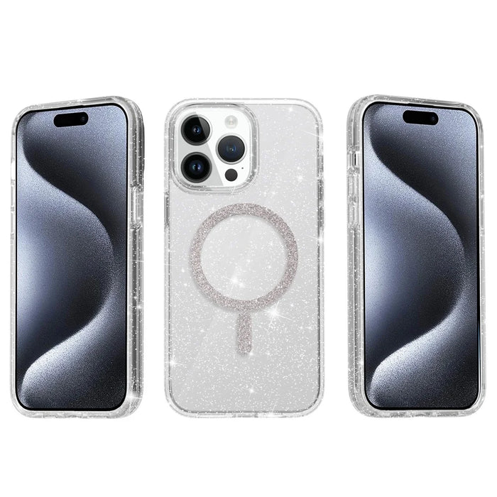 For iPhone 15 Pro Max Phone Case Compatible with MagSafe Glitter PC + TPU Hybrid Shockproof Cover - White - 3