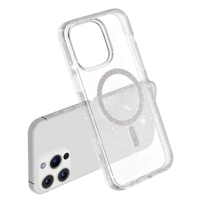 For iPhone 15 Pro Max Phone Case Compatible with MagSafe Glitter PC + TPU Hybrid Shockproof Cover - White - 5