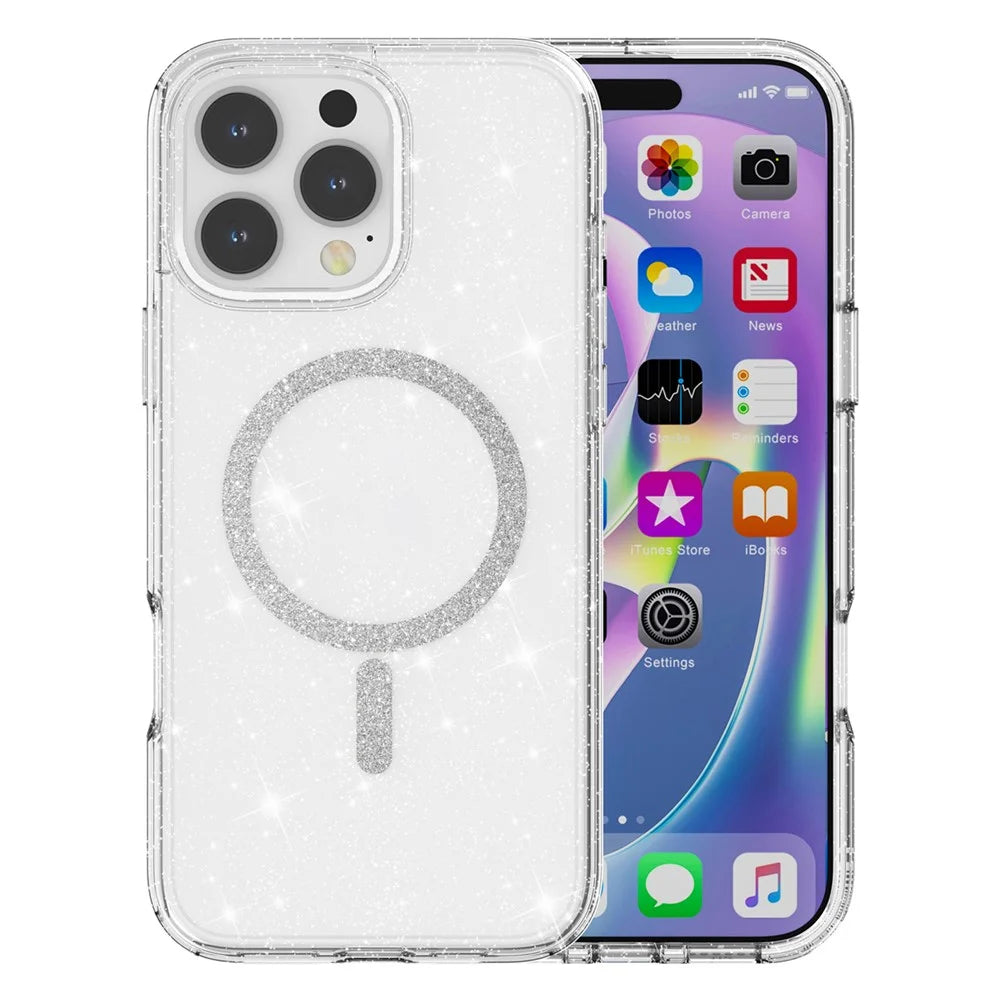 For iPhone 16 Pro Max Phone Case Compatible with MagSafe Glitter PC + TPU Hybrid Shockproof Cover - White - 1