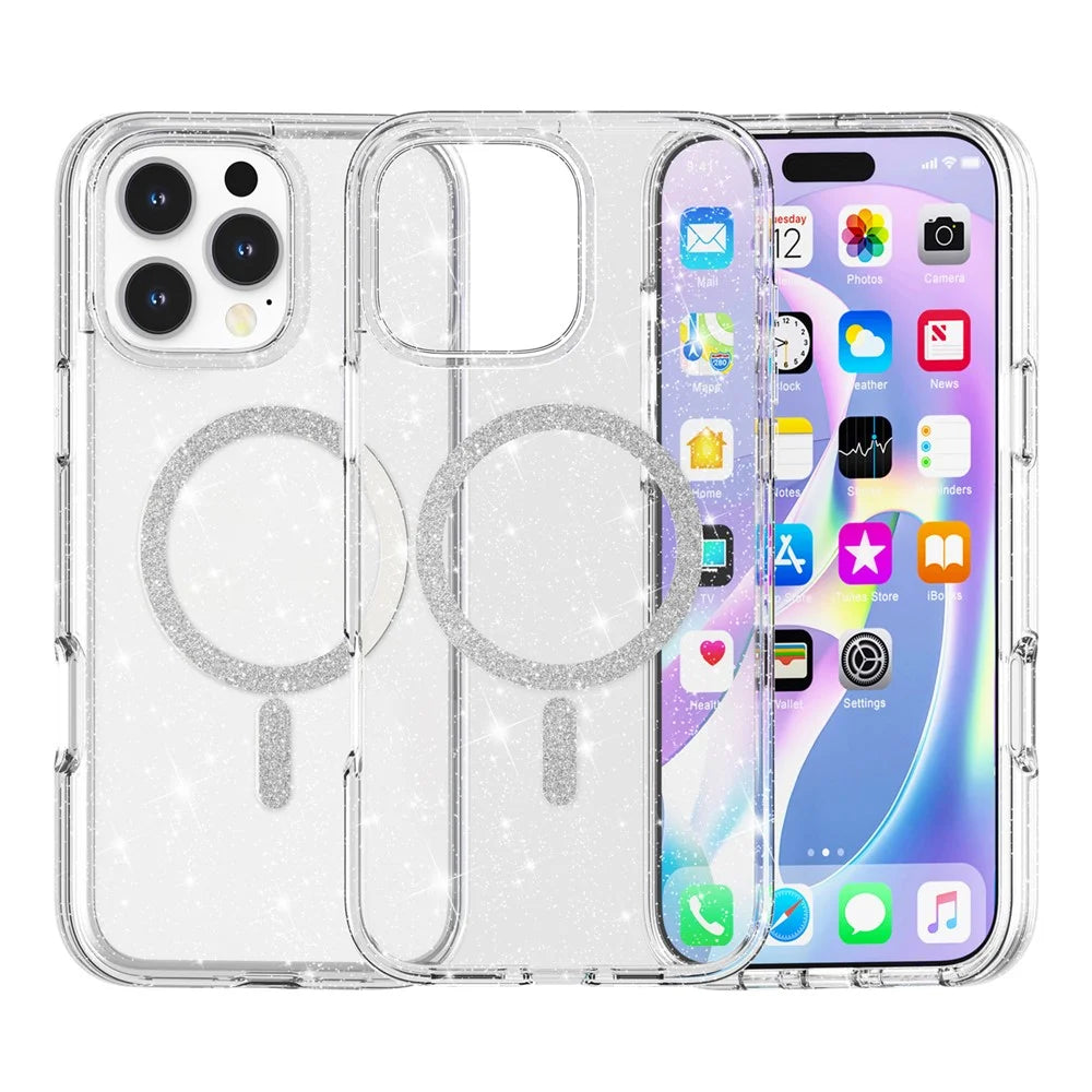 For iPhone 16 Pro Max Phone Case Compatible with MagSafe Glitter PC + TPU Hybrid Shockproof Cover - White - 3