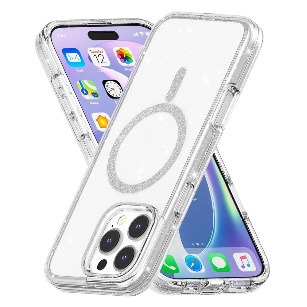 For iPhone 16 Pro Max Phone Case Compatible with MagSafe Glitter PC + TPU Hybrid Shockproof Cover - White - 4