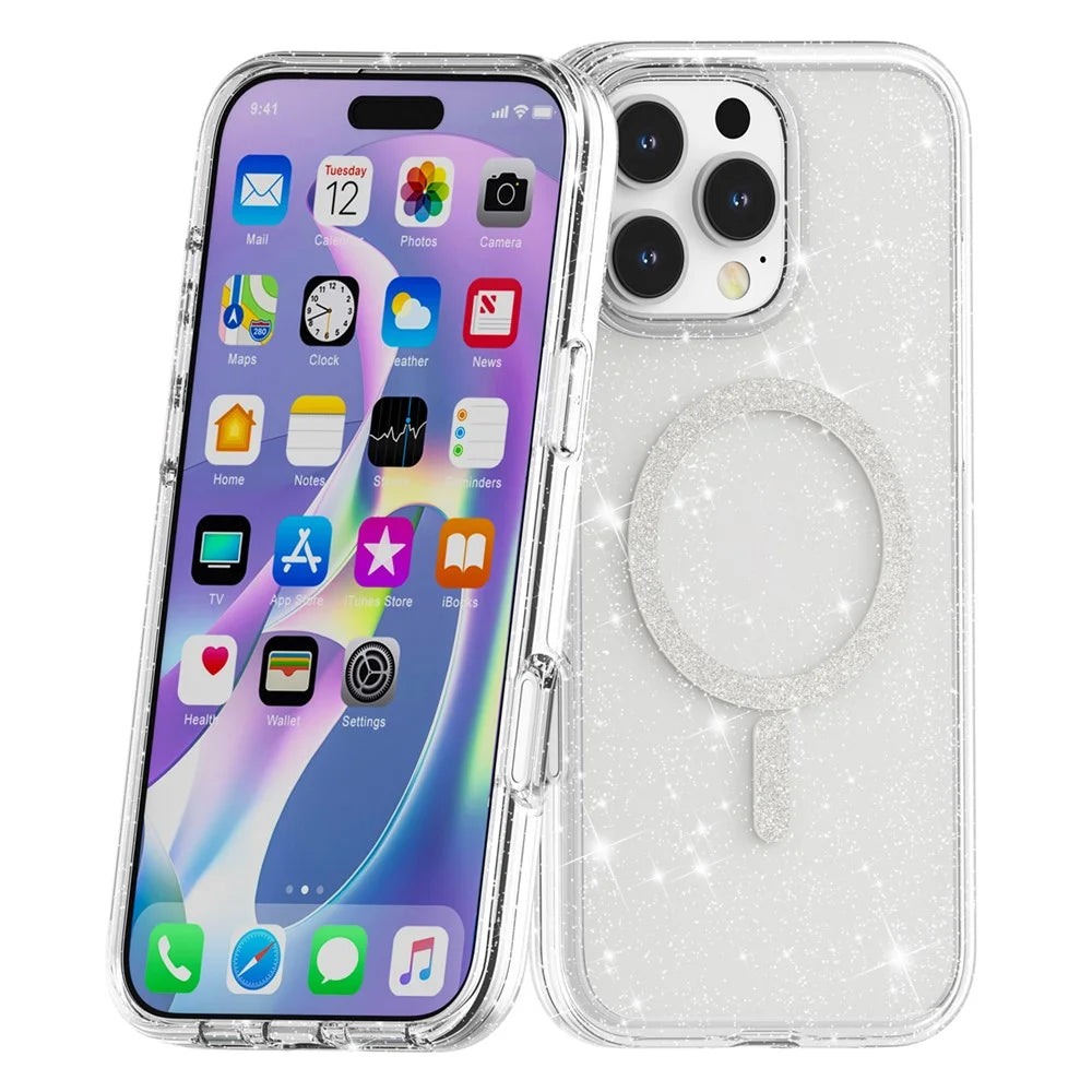 For iPhone 16 Pro Max Phone Case Compatible with MagSafe Glitter PC + TPU Hybrid Shockproof Cover - White - 5