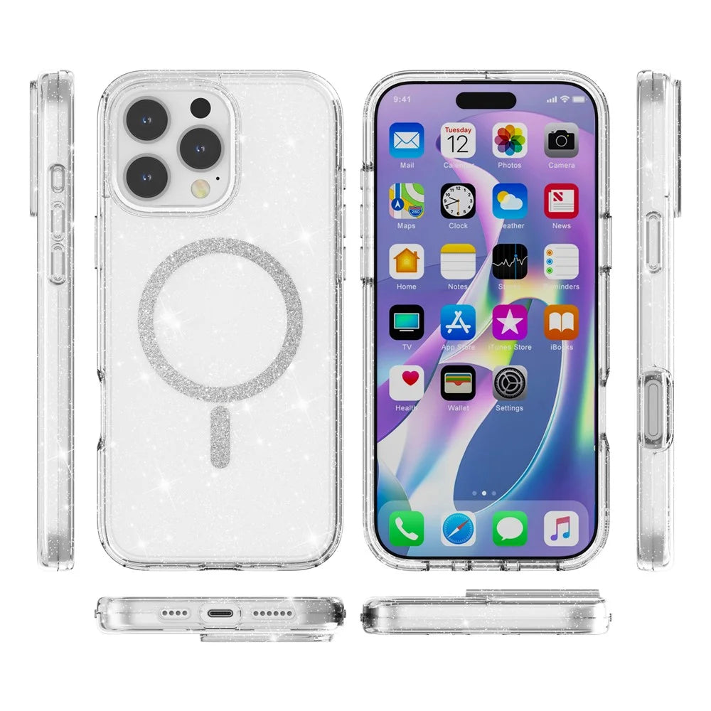 For iPhone 16 Pro Max Phone Case Compatible with MagSafe Glitter PC + TPU Hybrid Shockproof Cover - White - 6