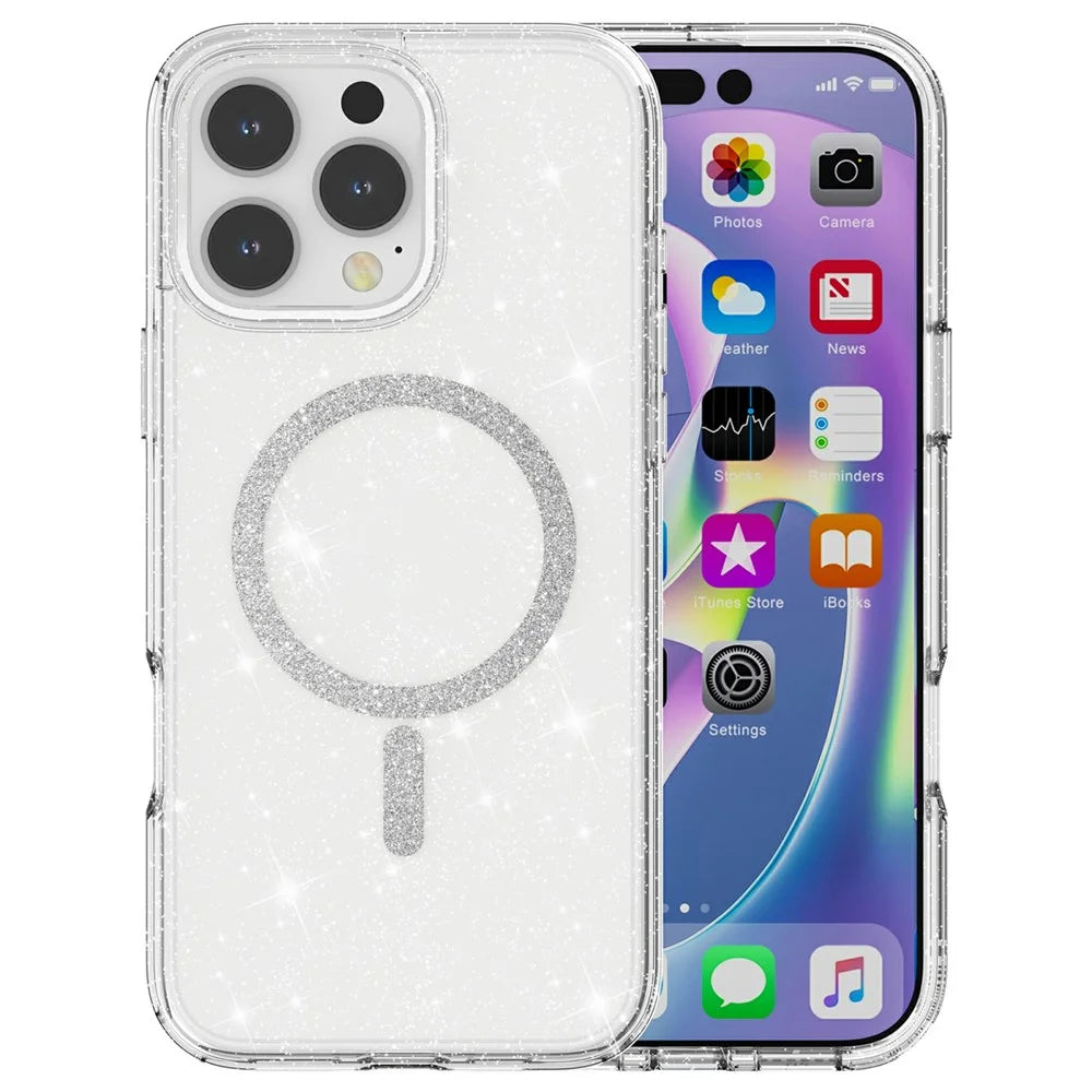 For iPhone 16 Pro Phone Case Compatible with MagSafe Glitter PC + TPU Hybrid Shockproof Cover - White - 1