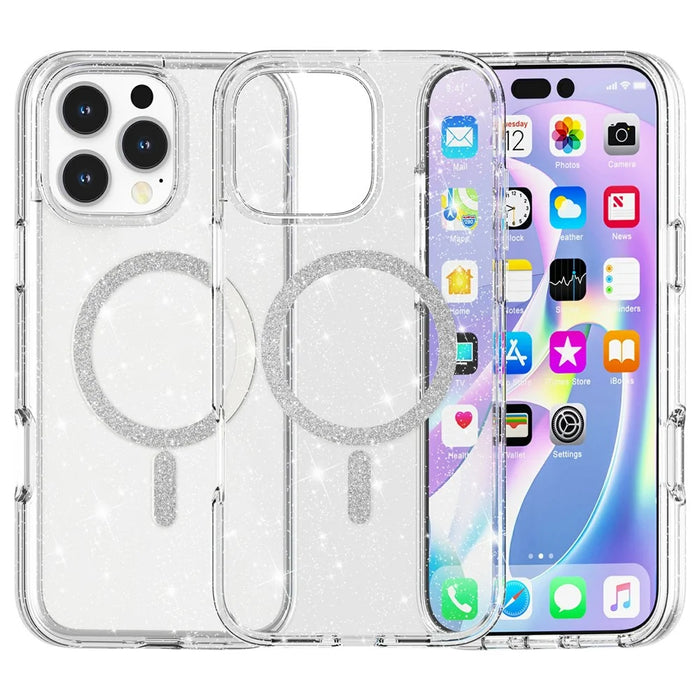 For iPhone 16 Pro Phone Case Compatible with MagSafe Glitter PC + TPU Hybrid Shockproof Cover - White - 2