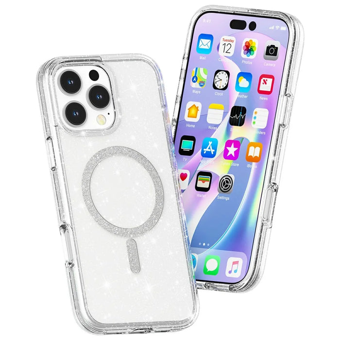 For iPhone 16 Pro Phone Case Compatible with MagSafe Glitter PC + TPU Hybrid Shockproof Cover - White - 3