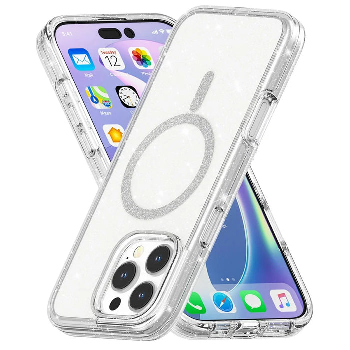 For iPhone 16 Pro Phone Case Compatible with MagSafe Glitter PC + TPU Hybrid Shockproof Cover - White - 4