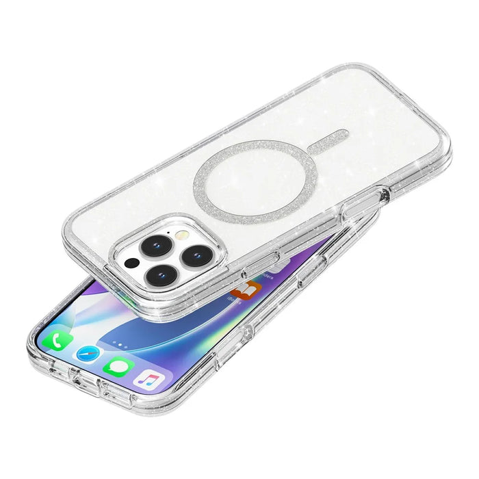 For iPhone 16 Pro Phone Case Compatible with MagSafe Glitter PC + TPU Hybrid Shockproof Cover - White - 5