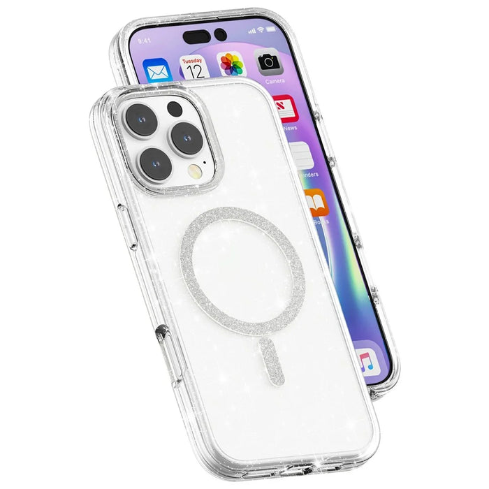 For iPhone 16 Pro Phone Case Compatible with MagSafe Glitter PC + TPU Hybrid Shockproof Cover - White - 6