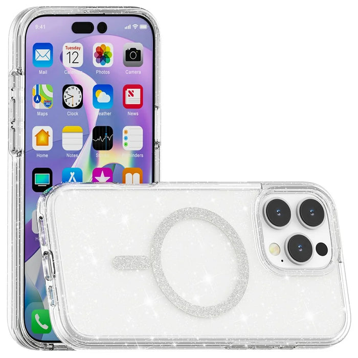For iPhone 16 Pro Phone Case Compatible with MagSafe Glitter PC + TPU Hybrid Shockproof Cover - White - 7