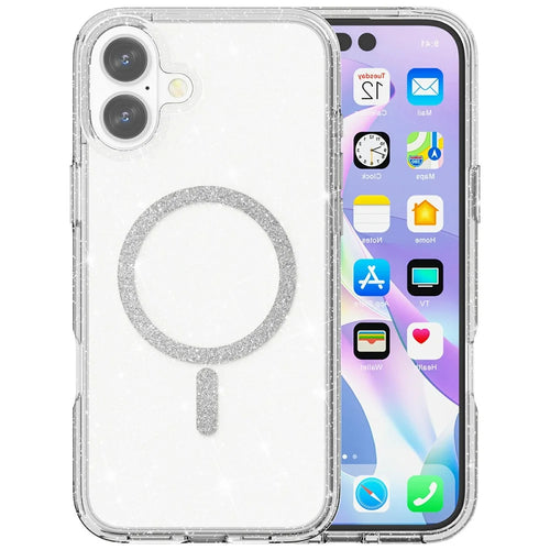 For iPhone 16 Phone Case Compatible with MagSafe Glitter PC + TPU Hybrid Shockproof Cover - White - 1