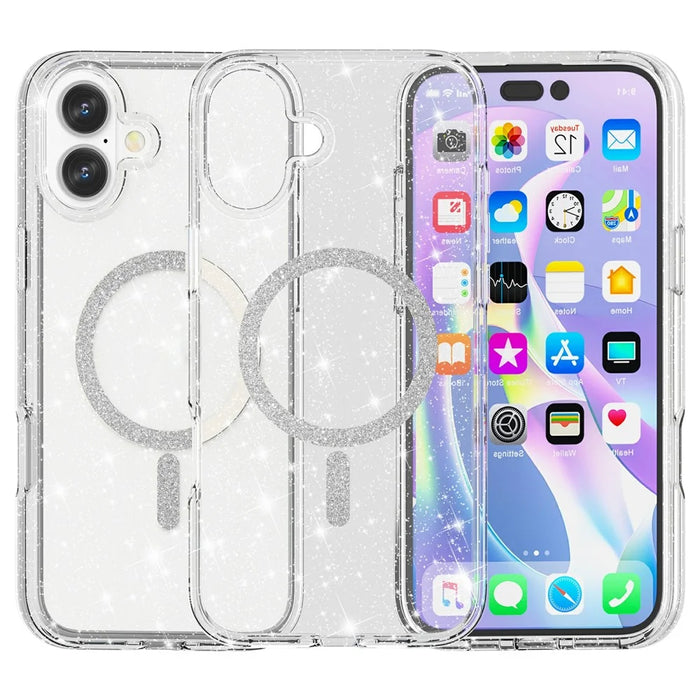 For iPhone 16 Phone Case Compatible with MagSafe Glitter PC + TPU Hybrid Shockproof Cover - White - 2
