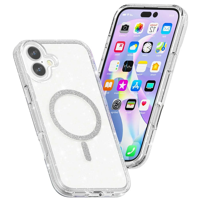 For iPhone 16 Phone Case Compatible with MagSafe Glitter PC + TPU Hybrid Shockproof Cover - White - 3
