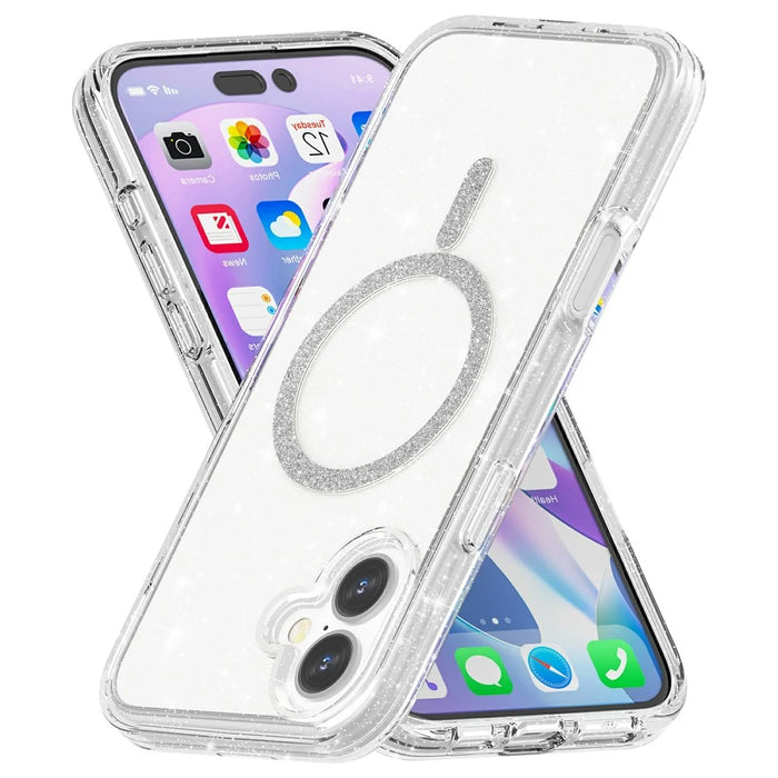 For iPhone 16 Phone Case Compatible with MagSafe Glitter PC + TPU Hybrid Shockproof Cover - White - 4