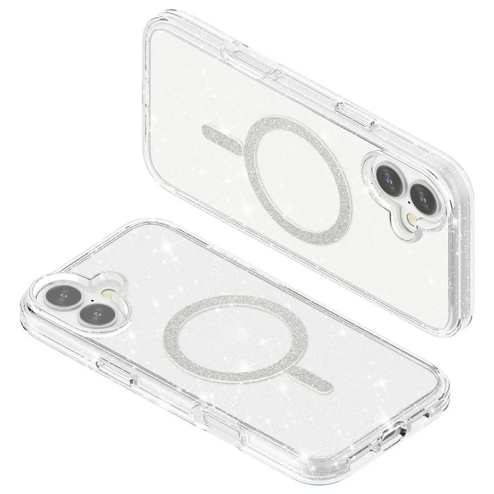 For iPhone 16 Phone Case Compatible with MagSafe Glitter PC + TPU Hybrid Shockproof Cover - White - 5