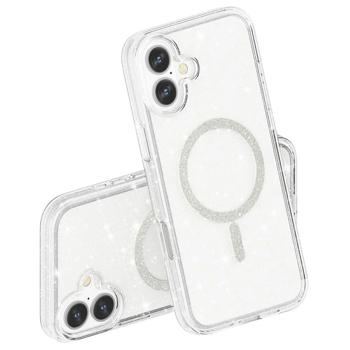 For iPhone 16 Phone Case Compatible with MagSafe Glitter PC + TPU Hybrid Shockproof Cover - White - 7