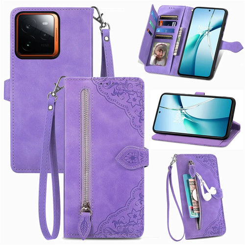 For Realme GT 7 Pro 5G Zipper Wallet Case with Strap Flower Imprint PU Leather Phone Cover - Light Purple - 1