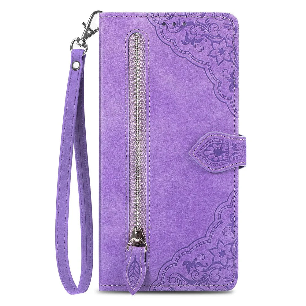 For Realme GT 7 Pro 5G Zipper Wallet Case with Strap Flower Imprint PU Leather Phone Cover - Light Purple - 2
