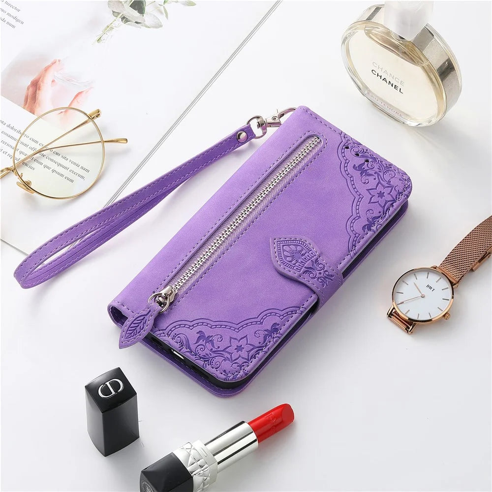 For Realme GT 7 Pro 5G Zipper Wallet Case with Strap Flower Imprint PU Leather Phone Cover - Light Purple - 7