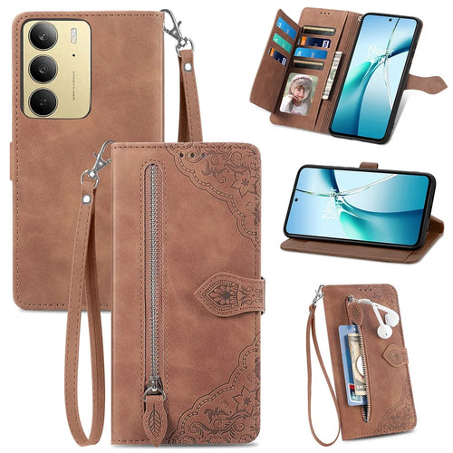 For Realme C75 4G Zipper Wallet Case with Strap Flower Imprint PU Leather Phone Cover - Brown - 1