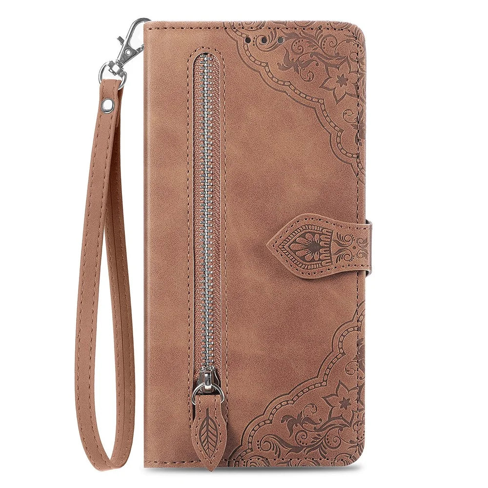 For Realme C75 4G Zipper Wallet Case with Strap Flower Imprint PU Leather Phone Cover - Brown - 2