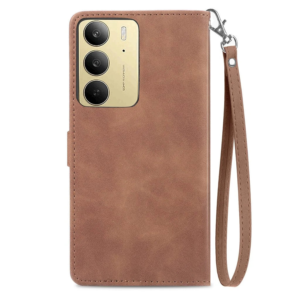 For Realme C75 4G Zipper Wallet Case with Strap Flower Imprint PU Leather Phone Cover - Brown - 3