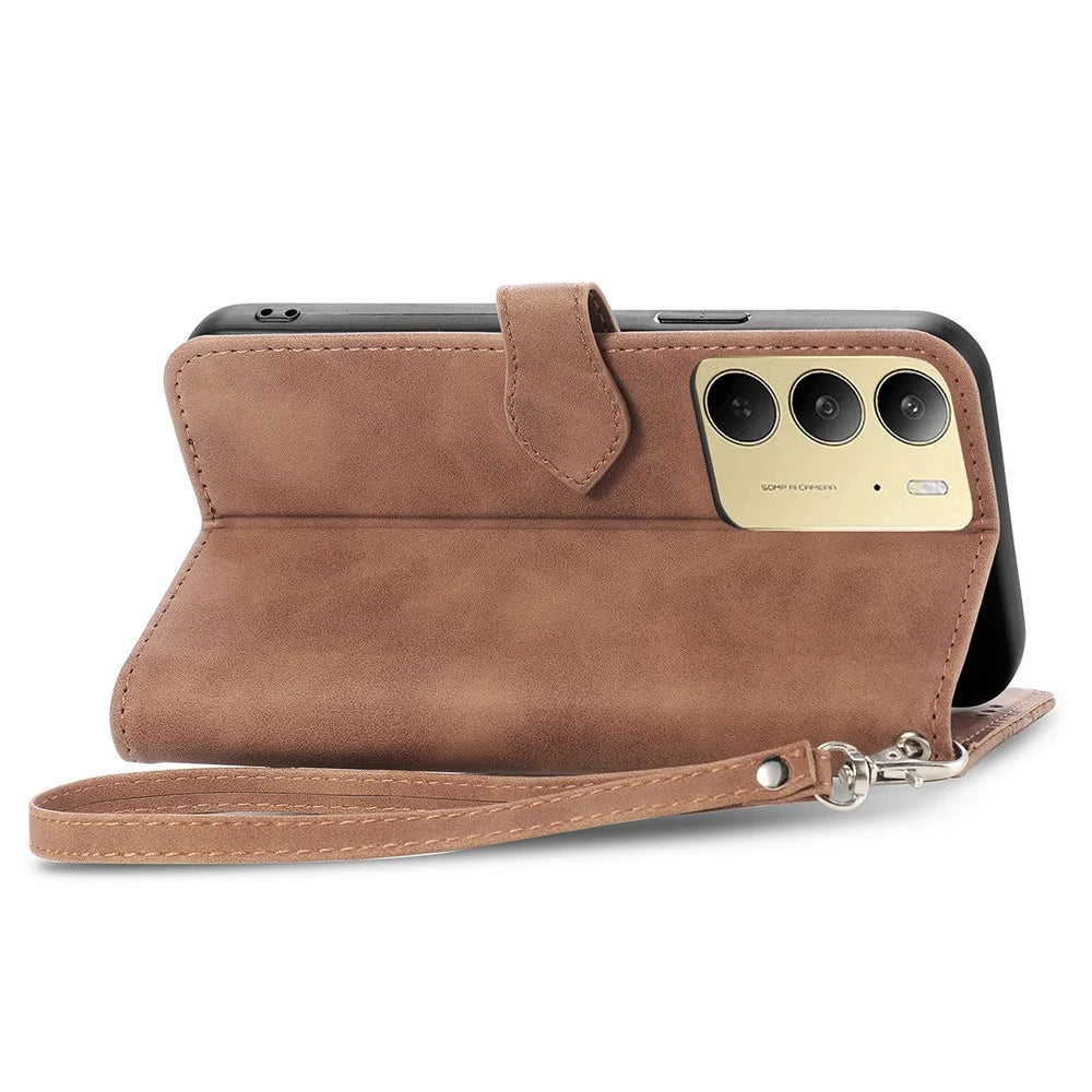 For Realme C75 4G Zipper Wallet Case with Strap Flower Imprint PU Leather Phone Cover - Brown - 6