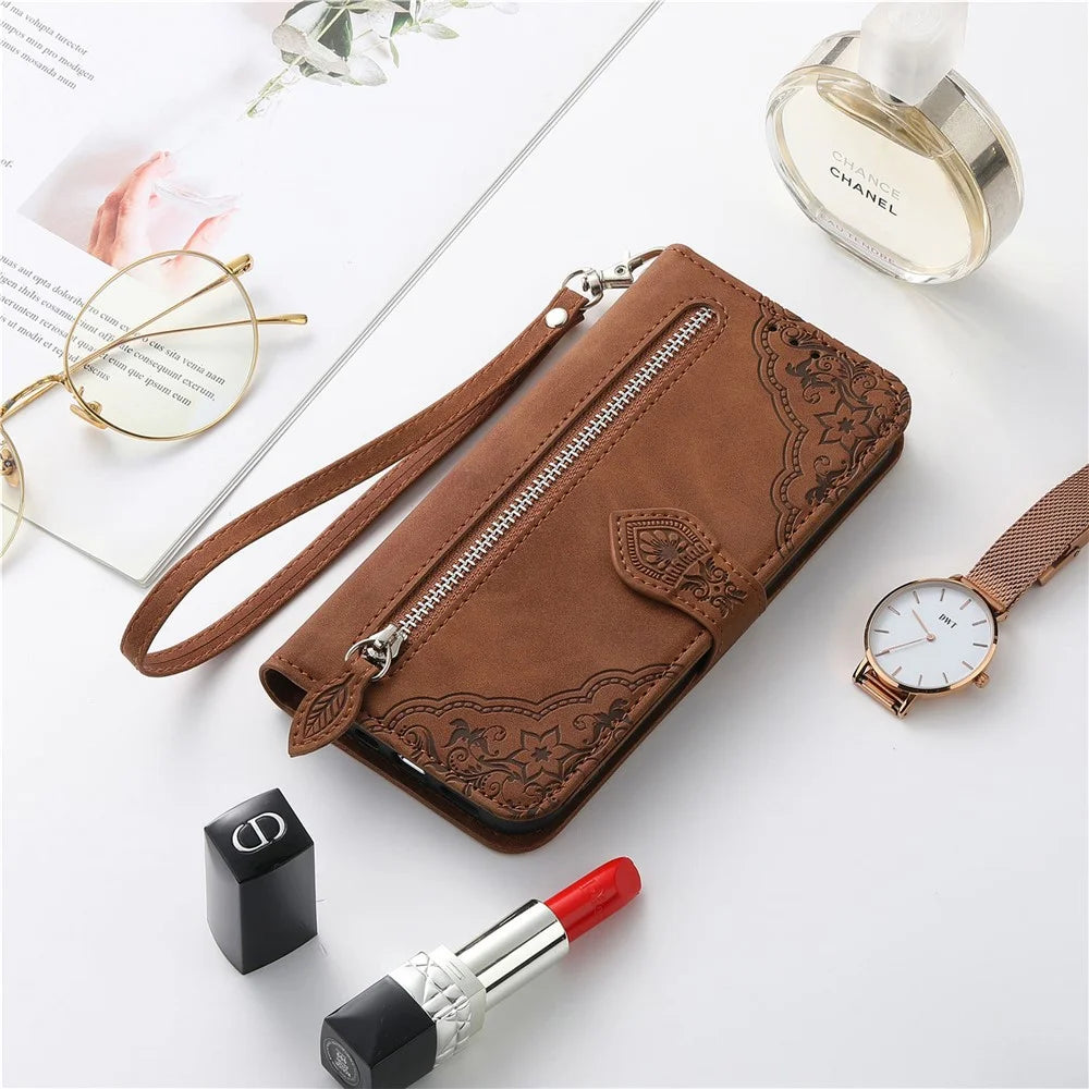 For Realme C75 4G Zipper Wallet Case with Strap Flower Imprint PU Leather Phone Cover - Brown - 7