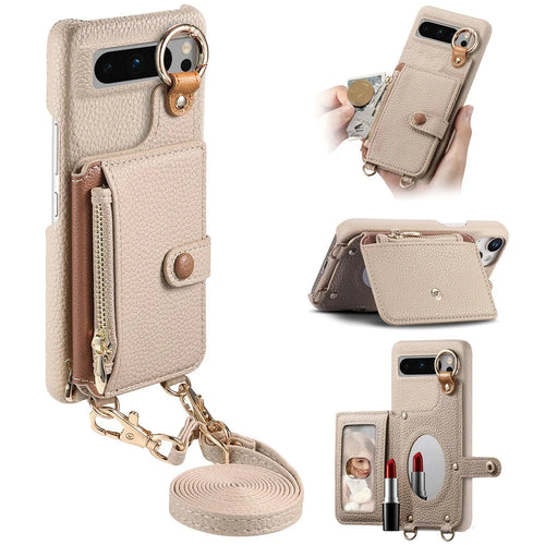 For Google Pixel 8 Pro Leather Phone Back Cover Zipper Card Holder Kickstand with Mirror and Long Strap - Khaki Grey - 1