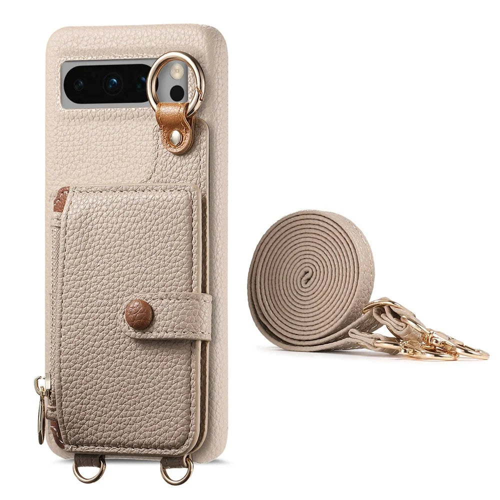 For Google Pixel 8 Pro Leather Phone Back Cover Zipper Card Holder Kickstand with Mirror and Long Strap - Khaki Grey - 2