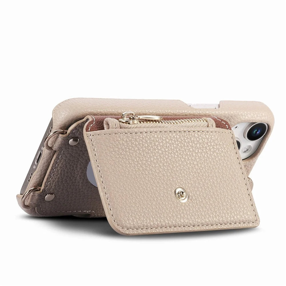 For Google Pixel 8 Pro Leather Phone Back Cover Zipper Card Holder Kickstand with Mirror and Long Strap - Khaki Grey - 3