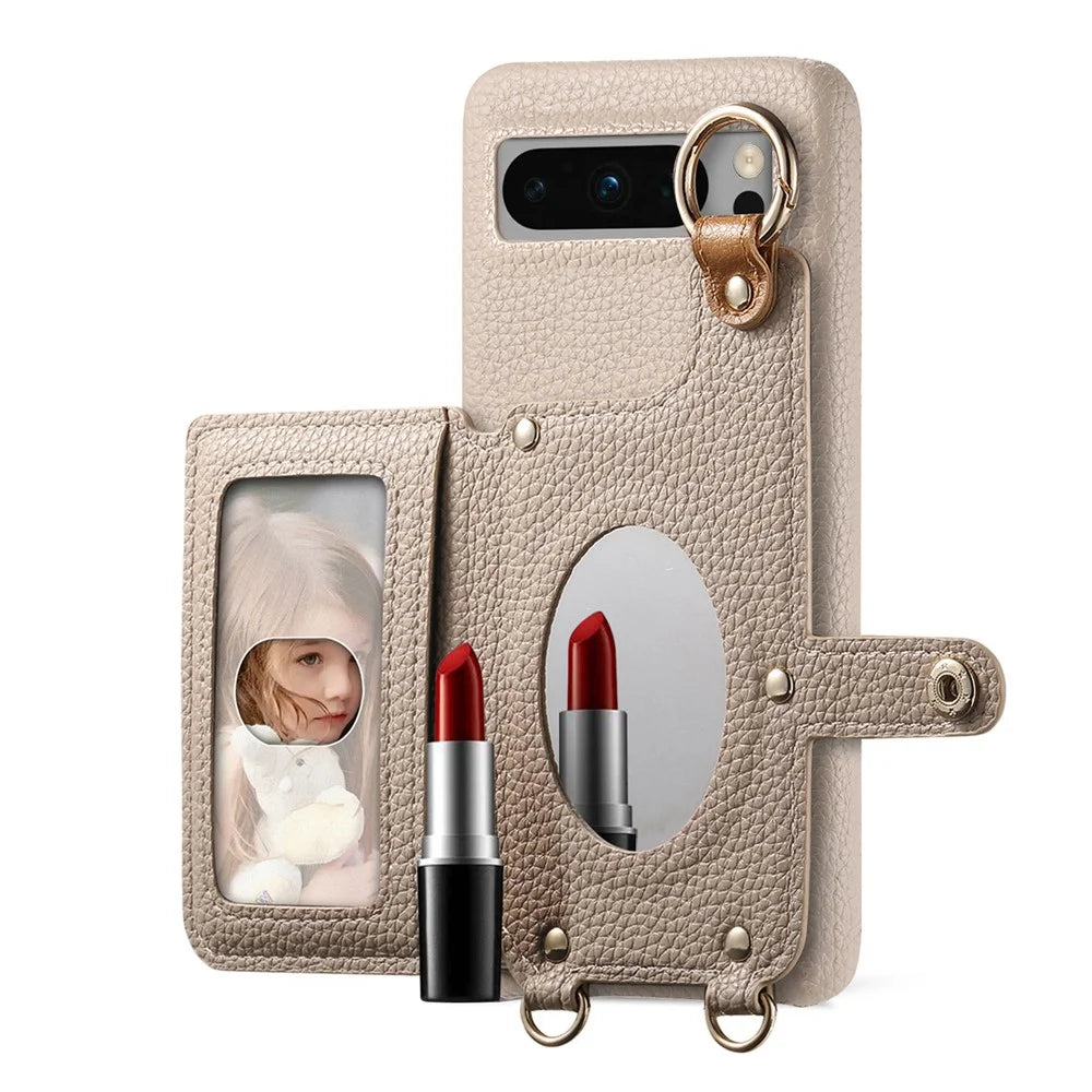 For Google Pixel 8 Pro Leather Phone Back Cover Zipper Card Holder Kickstand with Mirror and Long Strap - Khaki Grey - 4