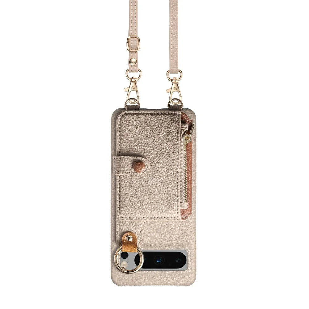 For Google Pixel 8 Pro Leather Phone Back Cover Zipper Card Holder Kickstand with Mirror and Long Strap - Khaki Grey - 5