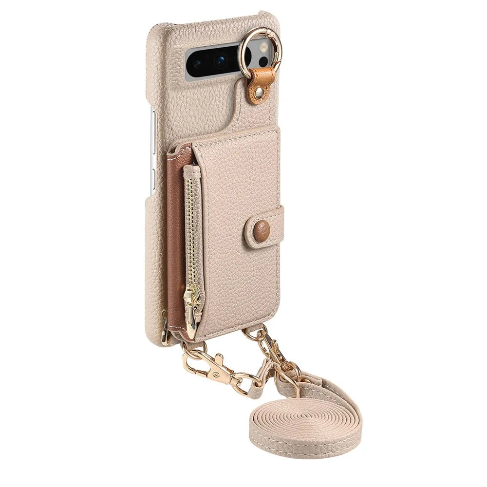For Google Pixel 8 Pro Leather Phone Back Cover Zipper Card Holder Kickstand with Mirror and Long Strap - Khaki Grey - 6