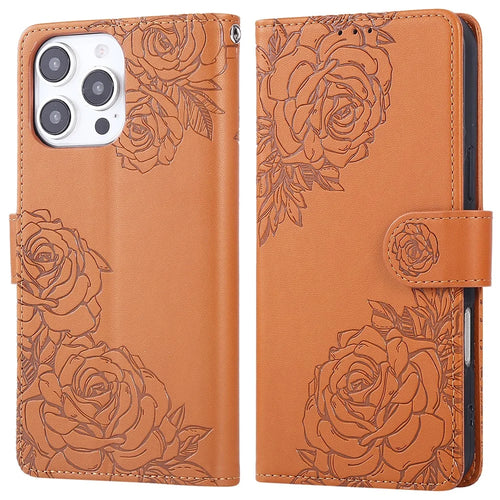 For iPhone 16 Pro Max Case Rose Flower Wallet PU Leather Phone Cover with 3 Card Slots - Brown - 1