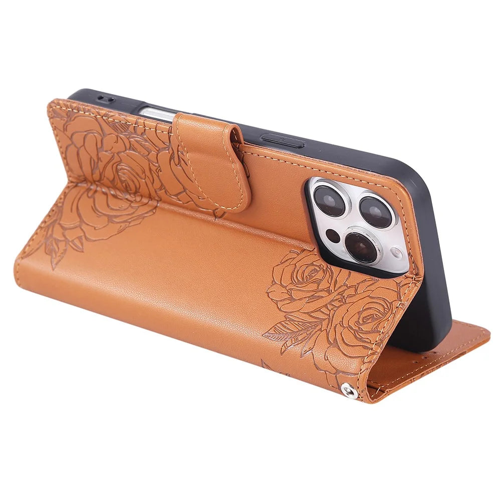 For iPhone 16 Pro Max Case Rose Flower Wallet PU Leather Phone Cover with 3 Card Slots - Brown - 4