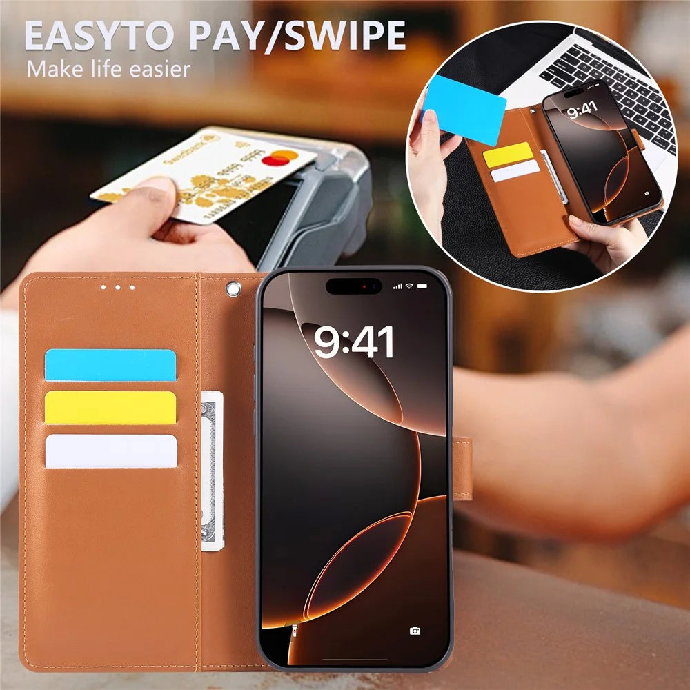 For iPhone 16 Pro Max Case Rose Flower Wallet PU Leather Phone Cover with 3 Card Slots - Brown - 5