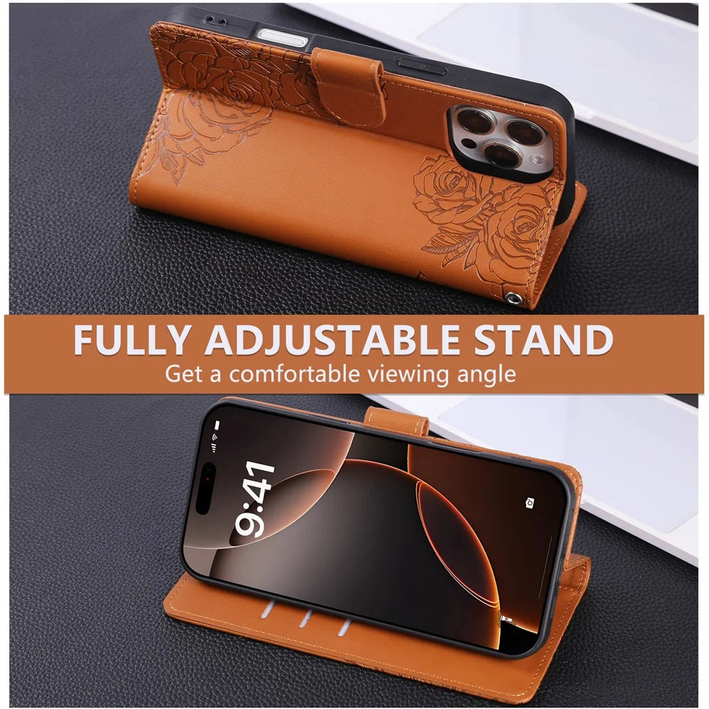 For iPhone 16 Pro Max Case Rose Flower Wallet PU Leather Phone Cover with 3 Card Slots - Brown - 6