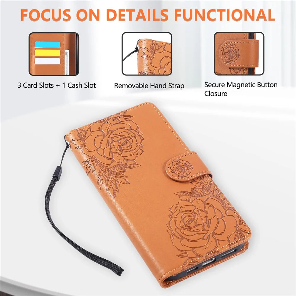 For iPhone 16 Pro Max Case Rose Flower Wallet PU Leather Phone Cover with 3 Card Slots - Brown - 7