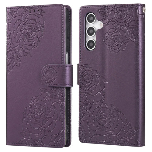 For Samsung Galaxy A16 4G / 5G Case Rose Flower Wallet PU Leather Phone Cover with 3 Card Slots - Dark Purple - 1