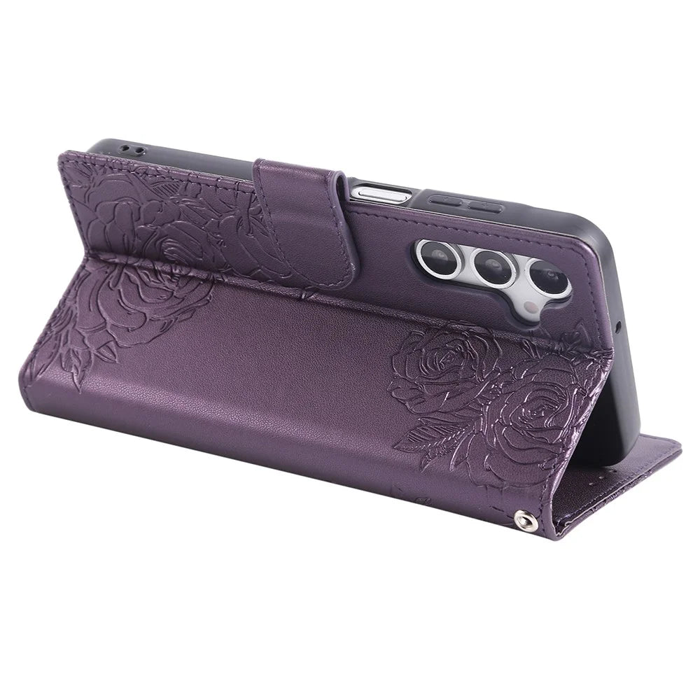 For Samsung Galaxy A16 4G / 5G Case Rose Flower Wallet PU Leather Phone Cover with 3 Card Slots - Dark Purple - 3
