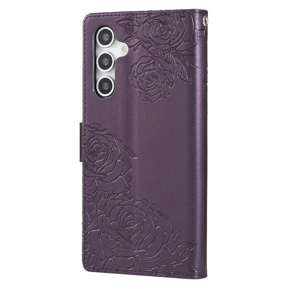 For Samsung Galaxy A16 4G / 5G Case Rose Flower Wallet PU Leather Phone Cover with 3 Card Slots - Dark Purple - 6
