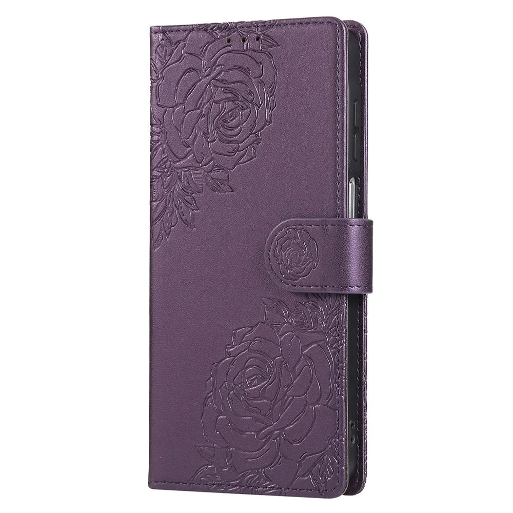 For Samsung Galaxy A16 4G / 5G Case Rose Flower Wallet PU Leather Phone Cover with 3 Card Slots - Dark Purple - 7